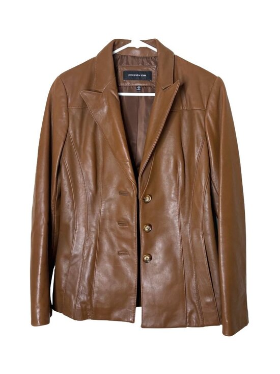 Jones New York Brown Genuine Leather Blazer Jacket Women’s Small Tailored - Picture 2 of 8